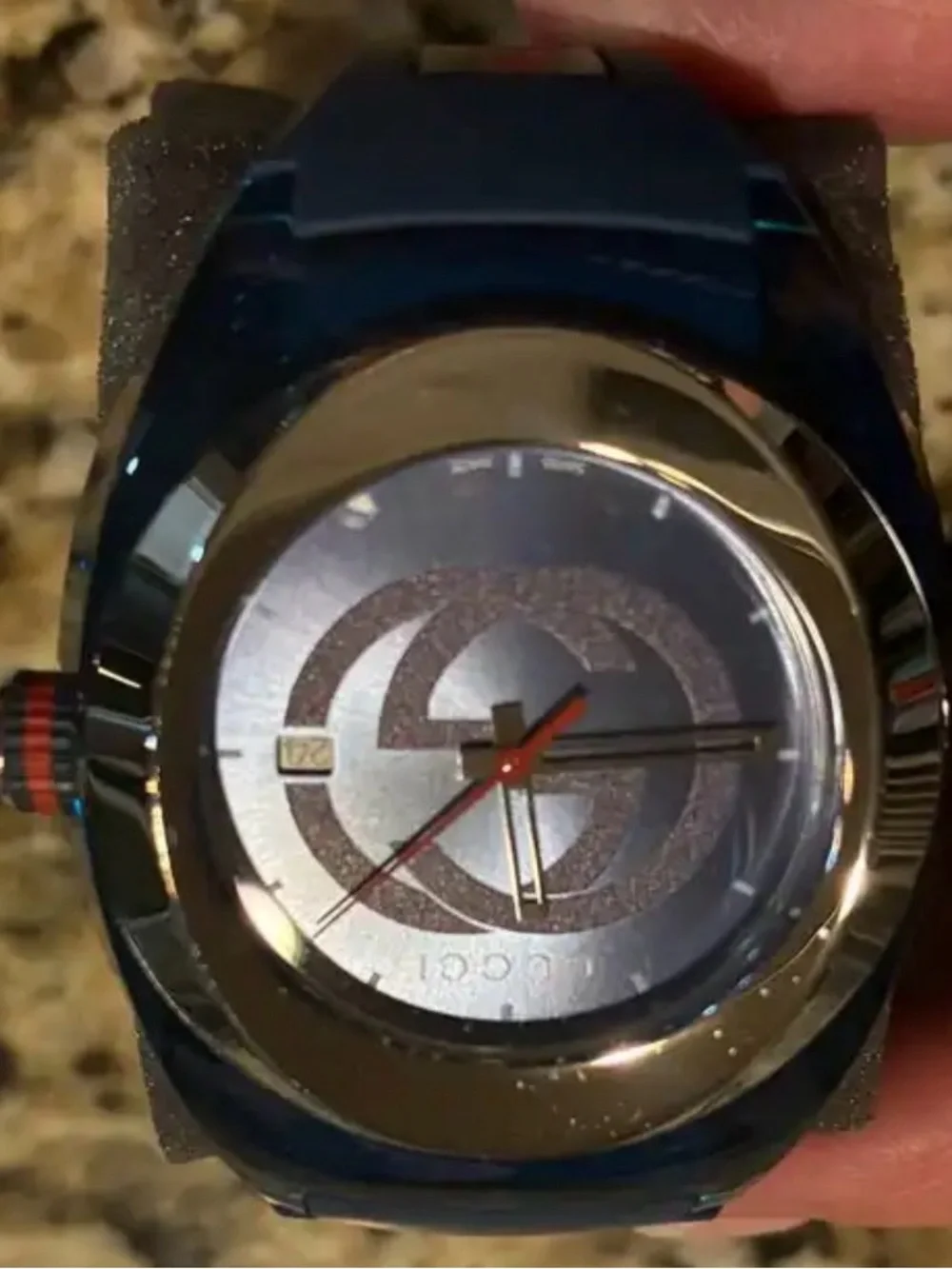 Gucci Men’s Blue Dial Watch with Gold Bezel and Red Accent